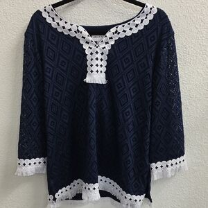 Alfred Dunner Blue Fringe Lace Crochet Blouse